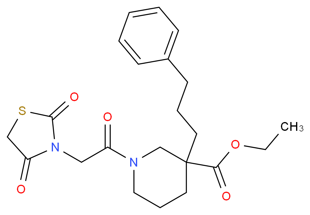 ethyl 1-[(2,4-dioxo-1,3-thiazolidin-3-yl)acetyl]-3-(3-phenylpropyl)-3-piperidinecarboxylate_Molecular_structure_CAS_)