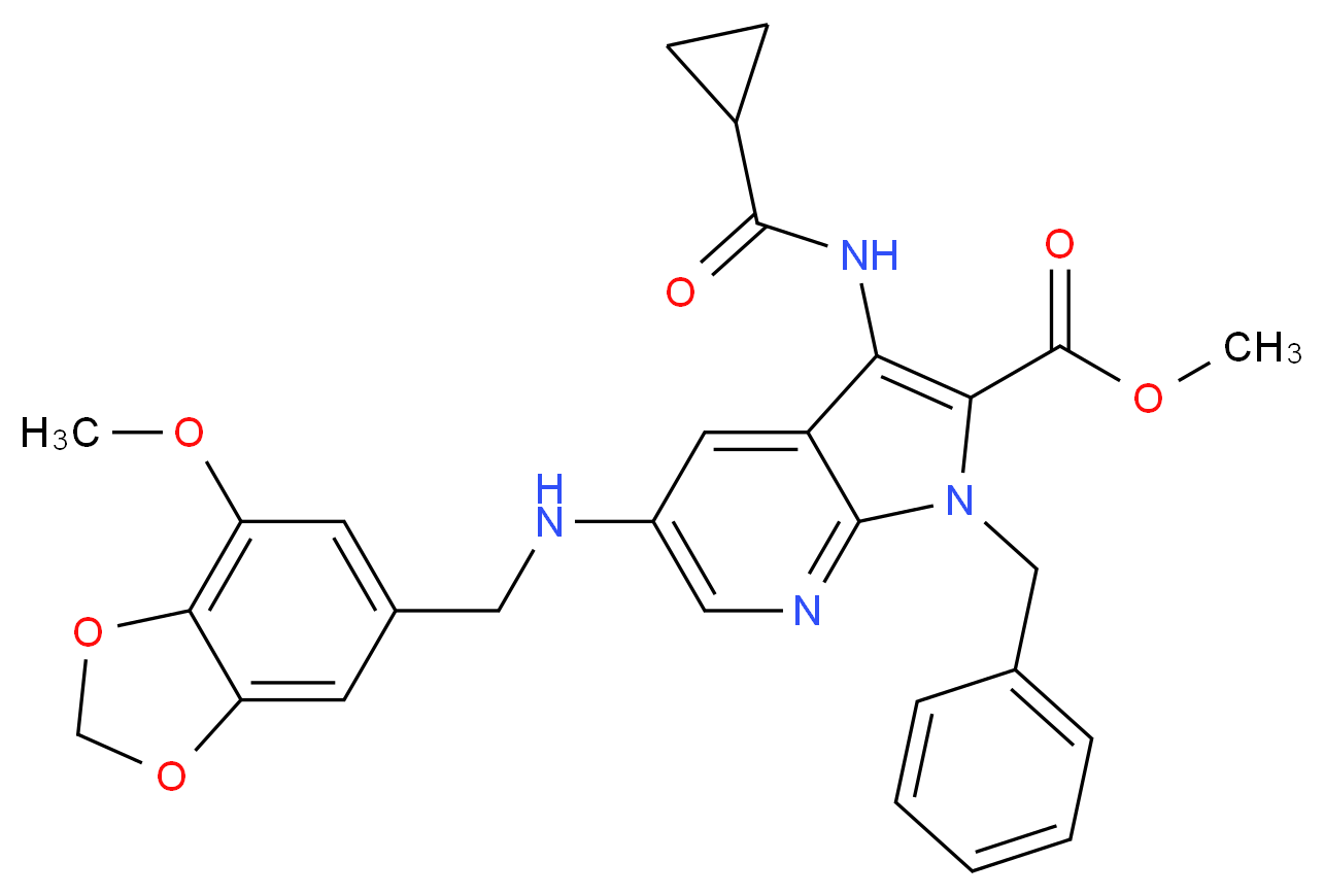 methyl 1-benzyl-3-[(cyclopropylcarbonyl)amino]-5-{[(7-methoxy-1,3-benzodioxol-5-yl)methyl]amino}-1H-pyrrolo[2,3-b]pyridine-2-carboxylate_Molecular_structure_CAS_)