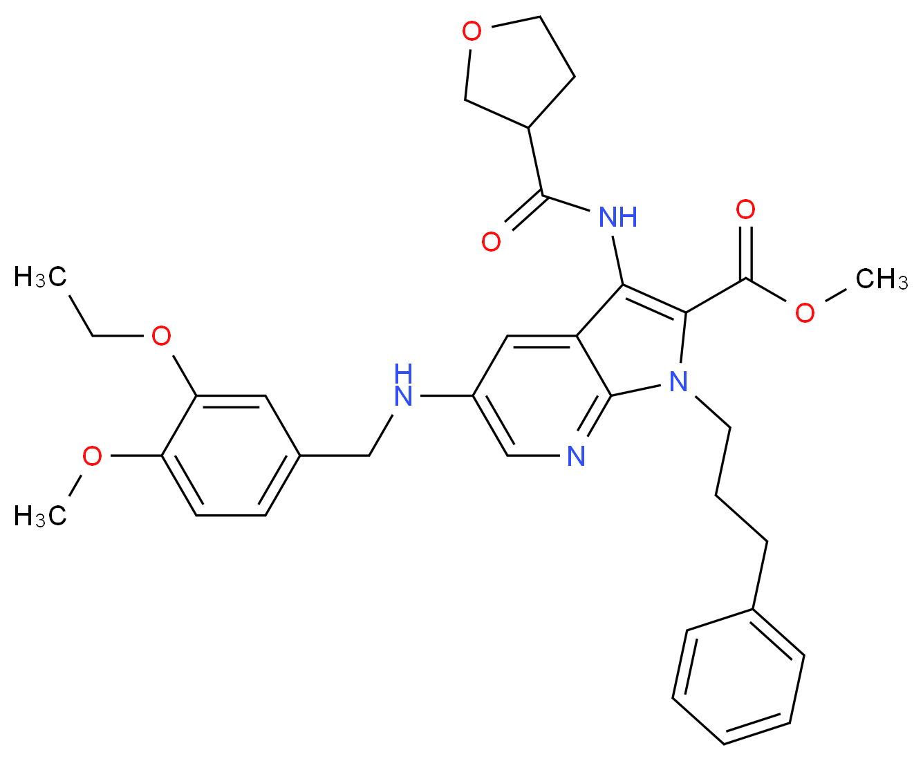 methyl 5-[(3-ethoxy-4-methoxybenzyl)amino]-1-(3-phenylpropyl)-3-[(tetrahydro-3-furanylcarbonyl)amino]-1H-pyrrolo[2,3-b]pyridine-2-carboxylate_Molecular_structure_CAS_)