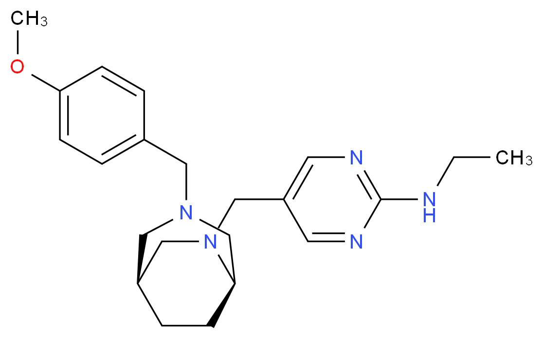 N-ethyl-5-{[(1S*,5R*)-3-(4-methoxybenzyl)-3,6-diazabicyclo[3.2.2]non-6-yl]methyl}pyrimidin-2-amine_Molecular_structure_CAS_)