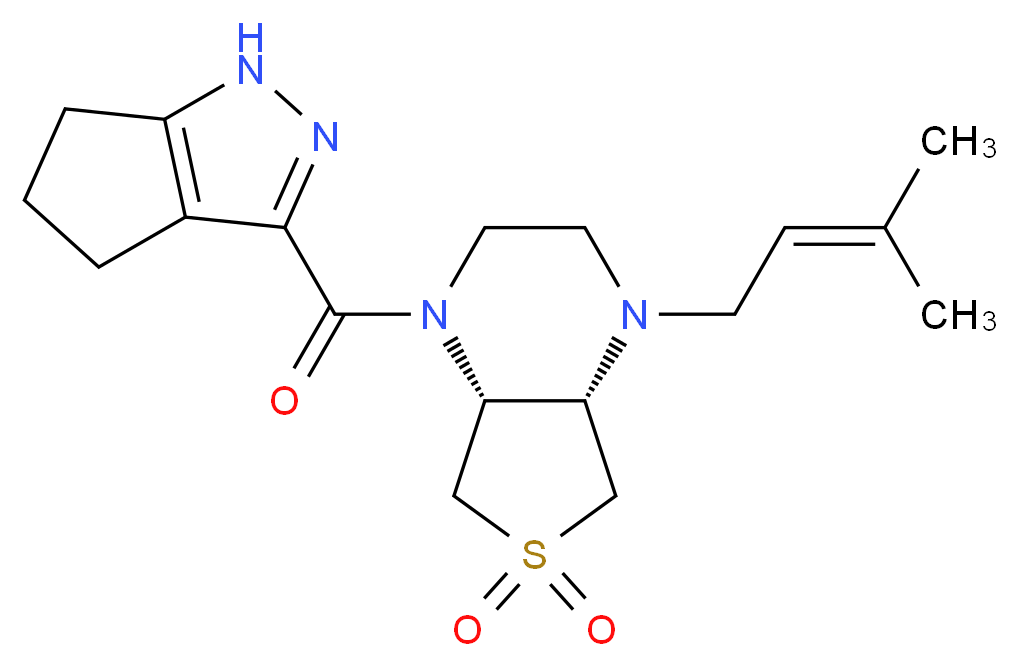 (4aR*,7aS*)-1-(3-methyl-2-buten-1-yl)-4-(1,4,5,6-tetrahydrocyclopenta[c]pyrazol-3-ylcarbonyl)octahydrothieno[3,4-b]pyrazine 6,6-dioxide_Molecular_structure_CAS_)