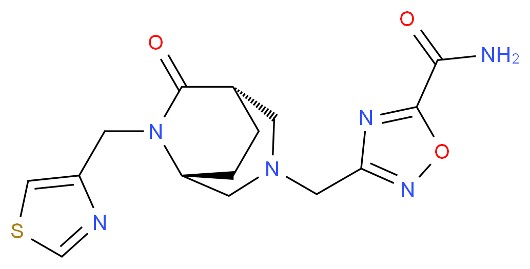 3-{[(1S*,5R*)-7-oxo-6-(1,3-thiazol-4-ylmethyl)-3,6-diazabicyclo[3.2.2]non-3-yl]methyl}-1,2,4-oxadiazole-5-carboxamide_Molecular_structure_CAS_)