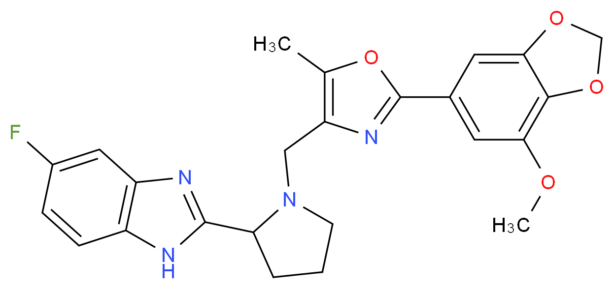 5-fluoro-2-(1-{[2-(7-methoxy-1,3-benzodioxol-5-yl)-5-methyl-1,3-oxazol-4-yl]methyl}-2-pyrrolidinyl)-1H-benzimidazole_Molecular_structure_CAS_)