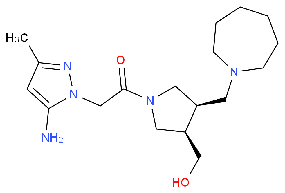 [(3R*,4R*)-1-[(5-amino-3-methyl-1H-pyrazol-1-yl)acetyl]-4-(azepan-1-ylmethyl)pyrrolidin-3-yl]methanol_Molecular_structure_CAS_)