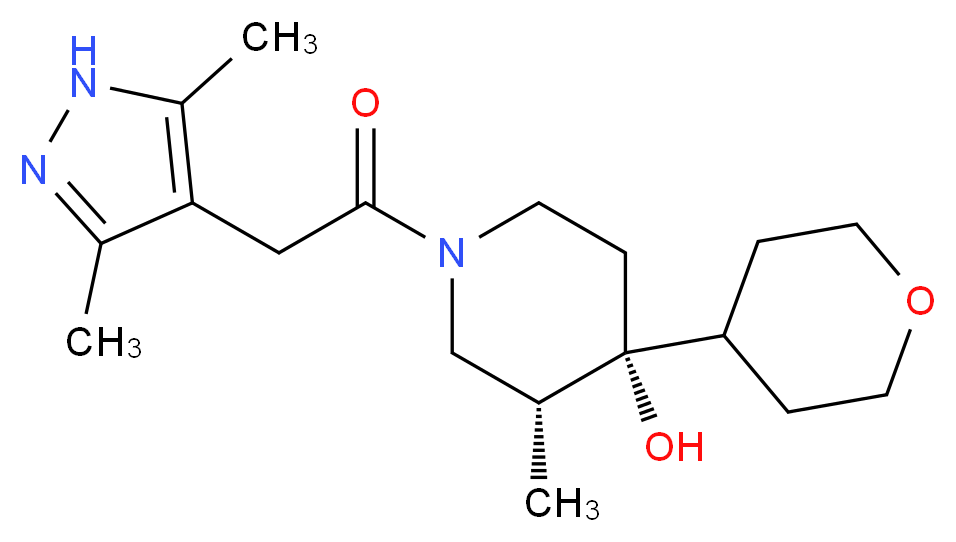 (3R*,4R*)-1-[(3,5-dimethyl-1H-pyrazol-4-yl)acetyl]-3-methyl-4-(tetrahydro-2H-pyran-4-yl)-4-piperidinol_Molecular_structure_CAS_)