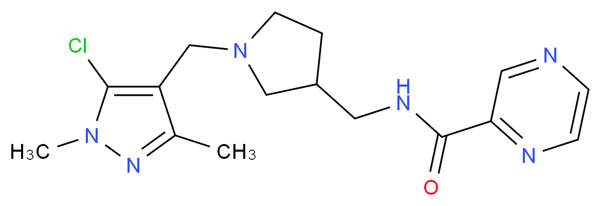 N-({1-[(5-chloro-1,3-dimethyl-1H-pyrazol-4-yl)methyl]pyrrolidin-3-yl}methyl)pyrazine-2-carboxamide_Molecular_structure_CAS_)