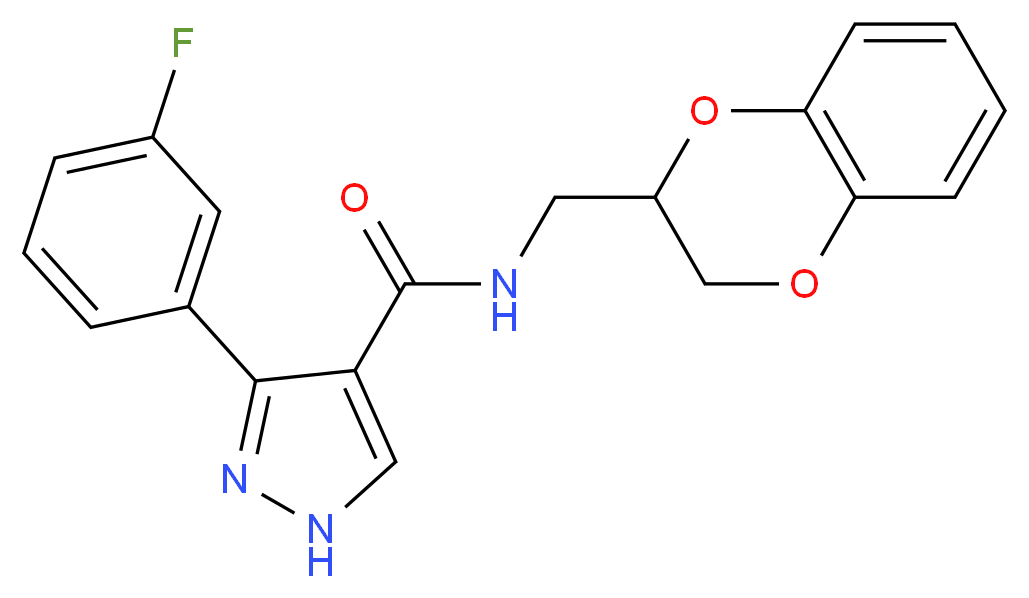 N-(2,3-dihydro-1,4-benzodioxin-2-ylmethyl)-3-(3-fluorophenyl)-1H-pyrazole-4-carboxamide_Molecular_structure_CAS_)