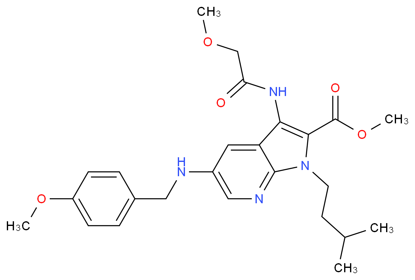 methyl 3-[(methoxyacetyl)amino]-5-[(4-methoxybenzyl)amino]-1-(3-methylbutyl)-1H-pyrrolo[2,3-b]pyridine-2-carboxylate_Molecular_structure_CAS_)