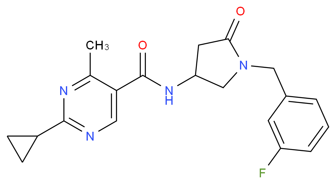 2-cyclopropyl-N-[1-(3-fluorobenzyl)-5-oxopyrrolidin-3-yl]-4-methylpyrimidine-5-carboxamide_Molecular_structure_CAS_)