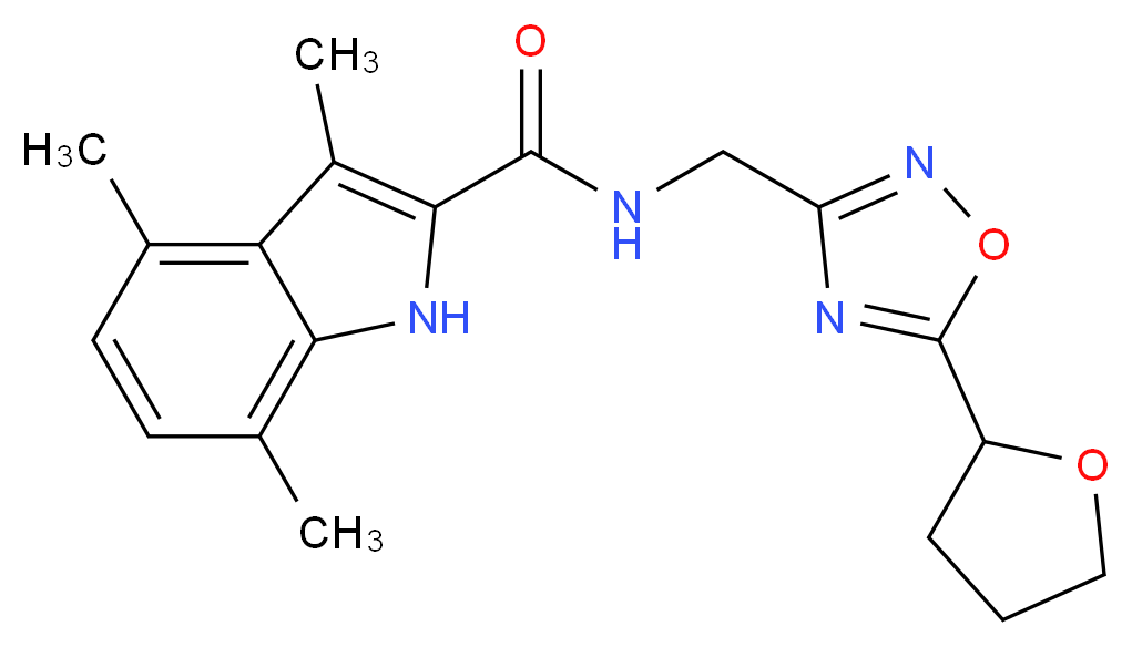 3,4,7-trimethyl-N-{[5-(tetrahydro-2-furanyl)-1,2,4-oxadiazol-3-yl]methyl}-1H-indole-2-carboxamide_Molecular_structure_CAS_)
