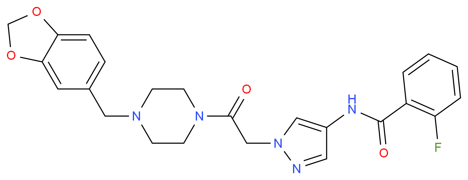 N-(1-{2-[4-(1,3-benzodioxol-5-ylmethyl)-1-piperazinyl]-2-oxoethyl}-1H-pyrazol-4-yl)-2-fluorobenzamide_Molecular_structure_CAS_)