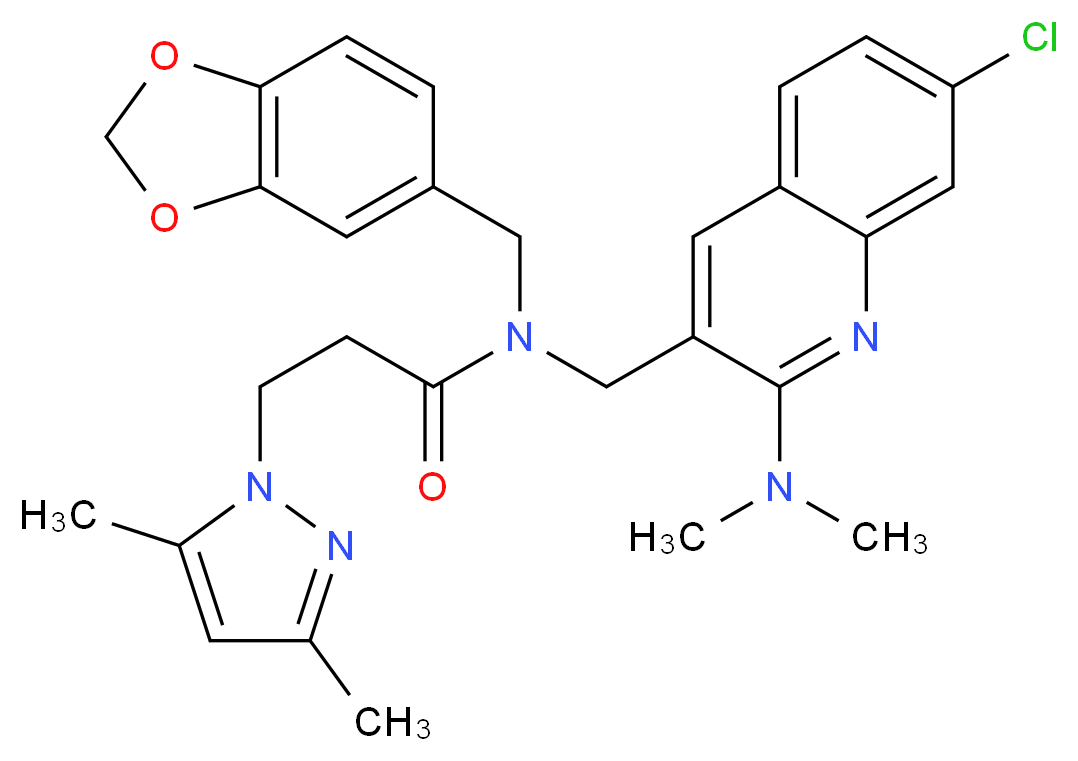 N-(1,3-benzodioxol-5-ylmethyl)-N-{[7-chloro-2-(dimethylamino)-3-quinolinyl]methyl}-3-(3,5-dimethyl-1H-pyrazol-1-yl)propanamide_Molecular_structure_CAS_)