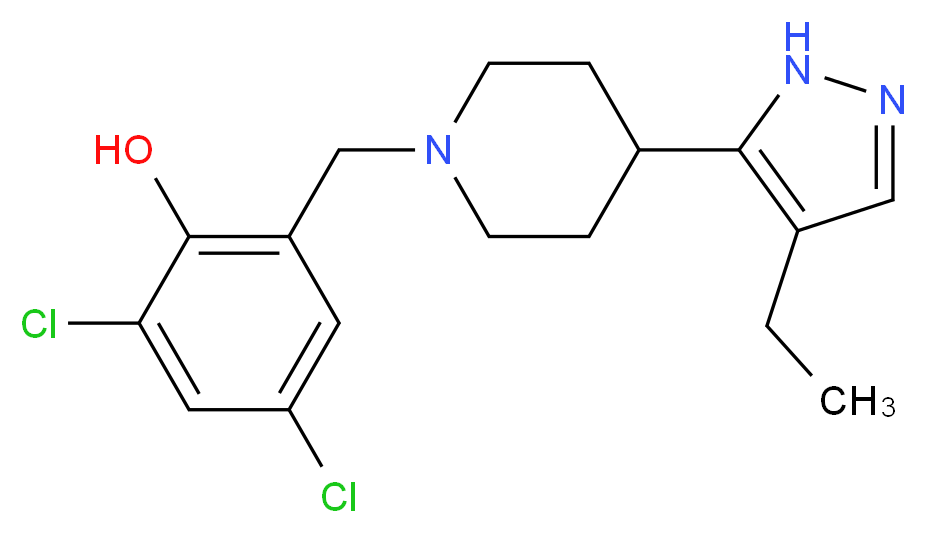 2,4-dichloro-6-{[4-(4-ethyl-1H-pyrazol-5-yl)piperidin-1-yl]methyl}phenol_Molecular_structure_CAS_)