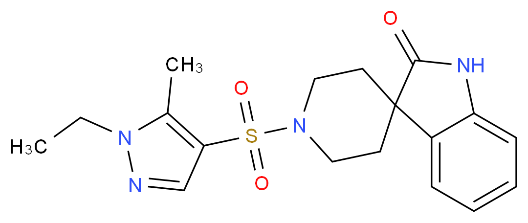 1'-[(1-ethyl-5-methyl-1H-pyrazol-4-yl)sulfonyl]spiro[indole-3,4'-piperidin]-2(1H)-one_Molecular_structure_CAS_)