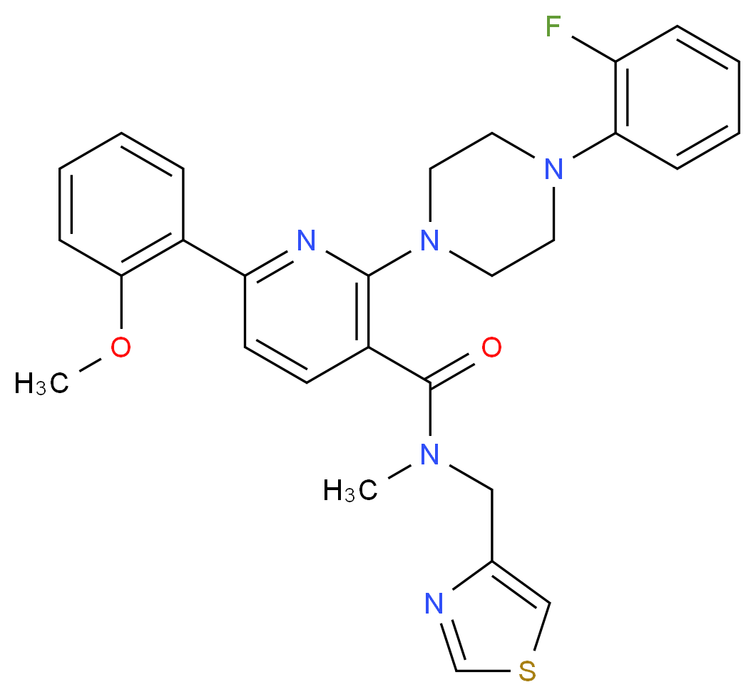 2-[4-(2-fluorophenyl)-1-piperazinyl]-6-(2-methoxyphenyl)-N-methyl-N-(1,3-thiazol-4-ylmethyl)nicotinamide_Molecular_structure_CAS_)