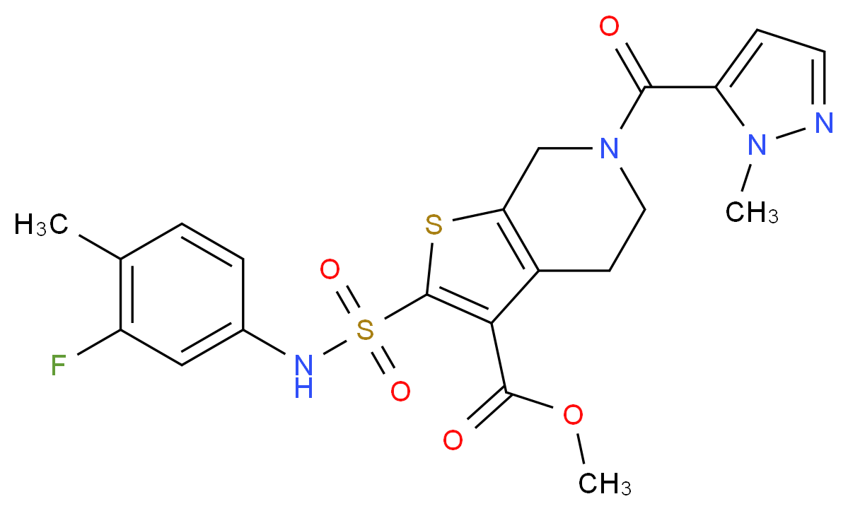 methyl 2-{[(3-fluoro-4-methylphenyl)amino]sulfonyl}-6-[(1-methyl-1H-pyrazol-5-yl)carbonyl]-4,5,6,7-tetrahydrothieno[2,3-c]pyridine-3-carboxylate_Molecular_structure_CAS_)