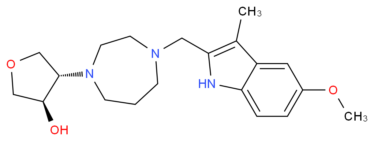 (3R*,4S*)-4-{4-[(5-methoxy-3-methyl-1H-indol-2-yl)methyl]-1,4-diazepan-1-yl}tetrahydrofuran-3-ol_Molecular_structure_CAS_)