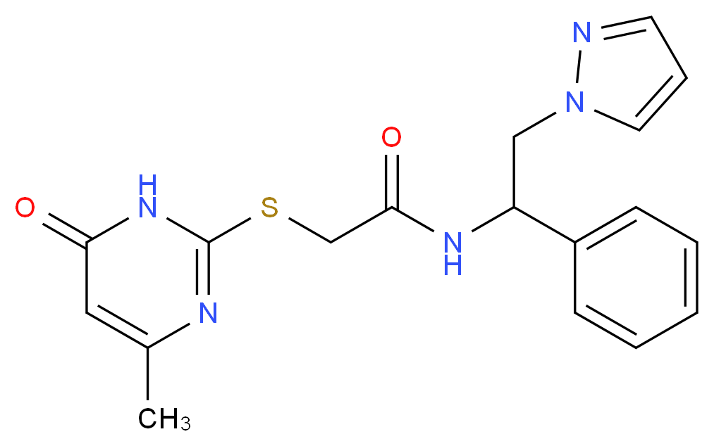 2-[(4-methyl-6-oxo-1,6-dihydropyrimidin-2-yl)thio]-N-[1-phenyl-2-(1H-pyrazol-1-yl)ethyl]acetamide_Molecular_structure_CAS_)