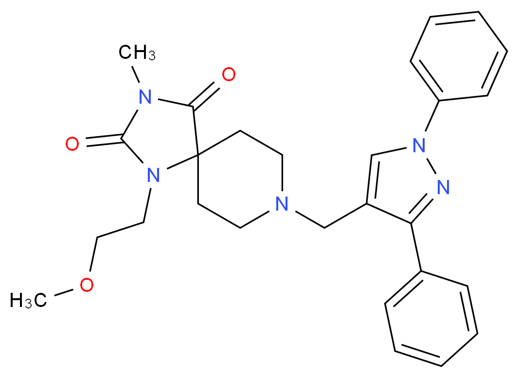 8-[(1,3-diphenyl-1H-pyrazol-4-yl)methyl]-1-(2-methoxyethyl)-3-methyl-1,3,8-triazaspiro[4.5]decane-2,4-dione_Molecular_structure_CAS_)