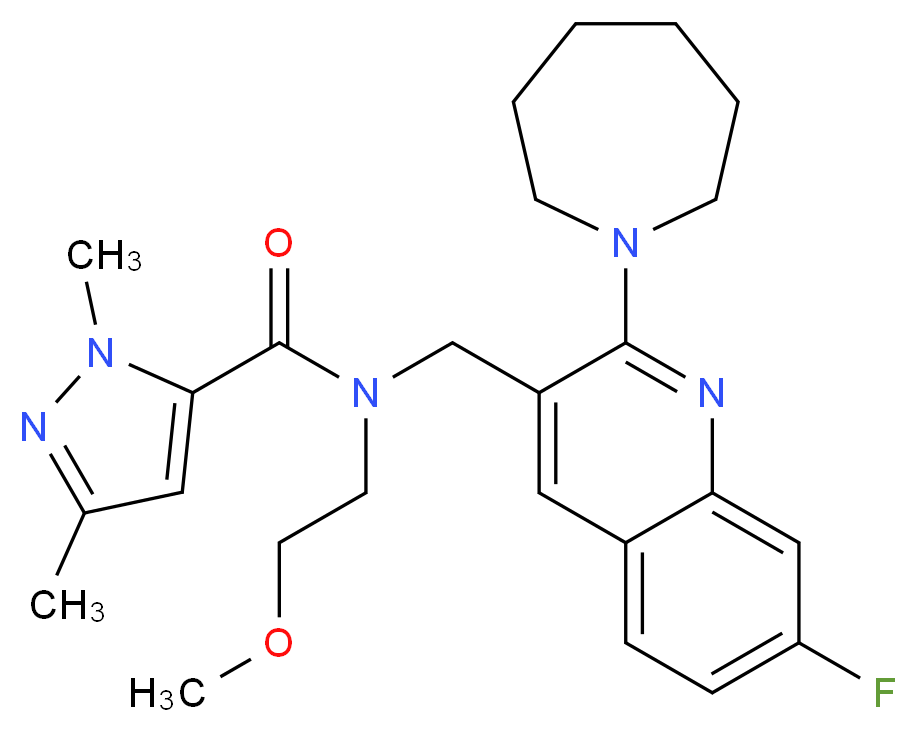 N-{[2-(1-azepanyl)-7-fluoro-3-quinolinyl]methyl}-N-(2-methoxyethyl)-1,3-dimethyl-1H-pyrazole-5-carboxamide_Molecular_structure_CAS_)