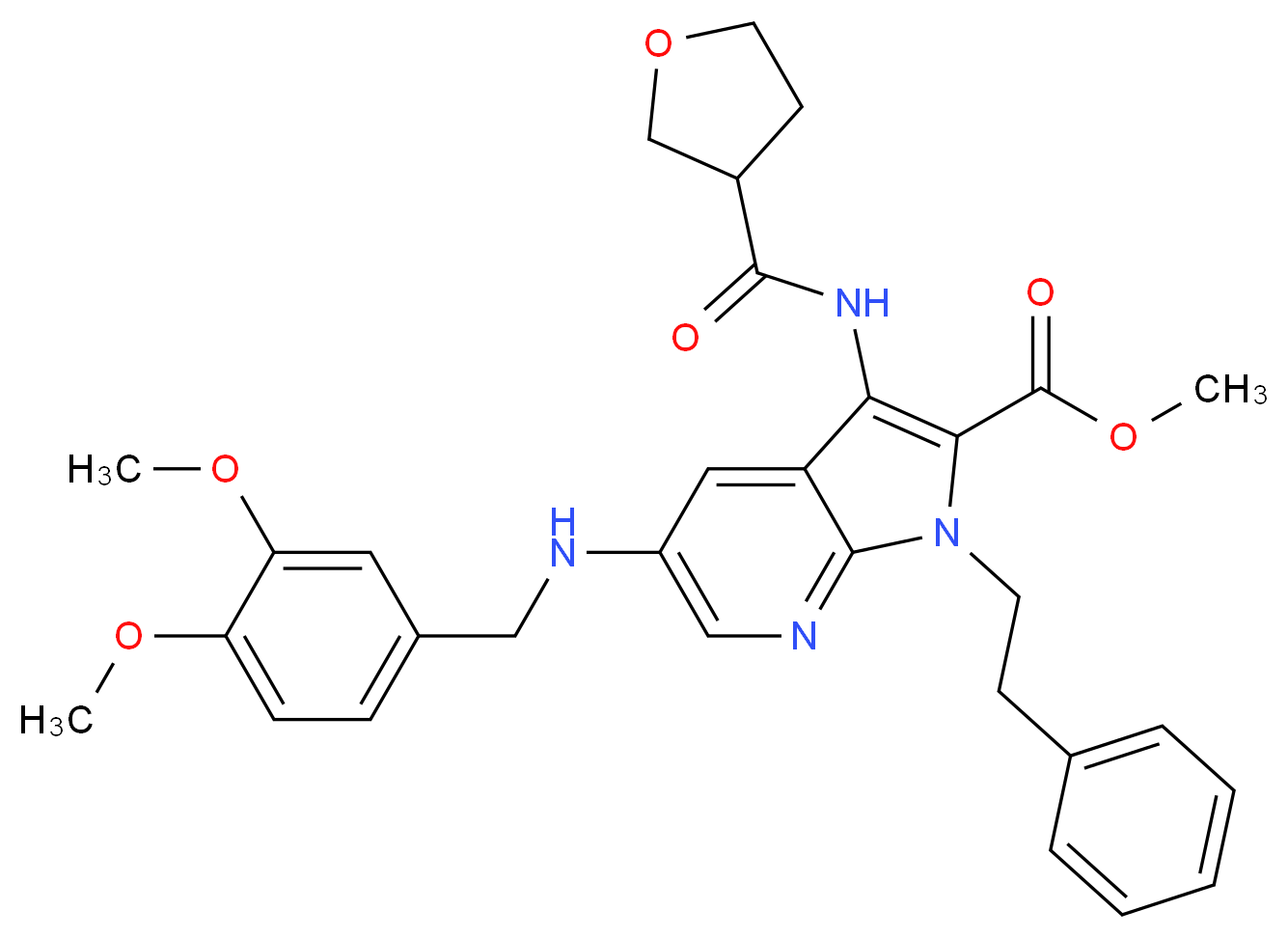 methyl 5-[(3,4-dimethoxybenzyl)amino]-1-(2-phenylethyl)-3-[(tetrahydro-3-furanylcarbonyl)amino]-1H-pyrrolo[2,3-b]pyridine-2-carboxylate_Molecular_structure_CAS_)