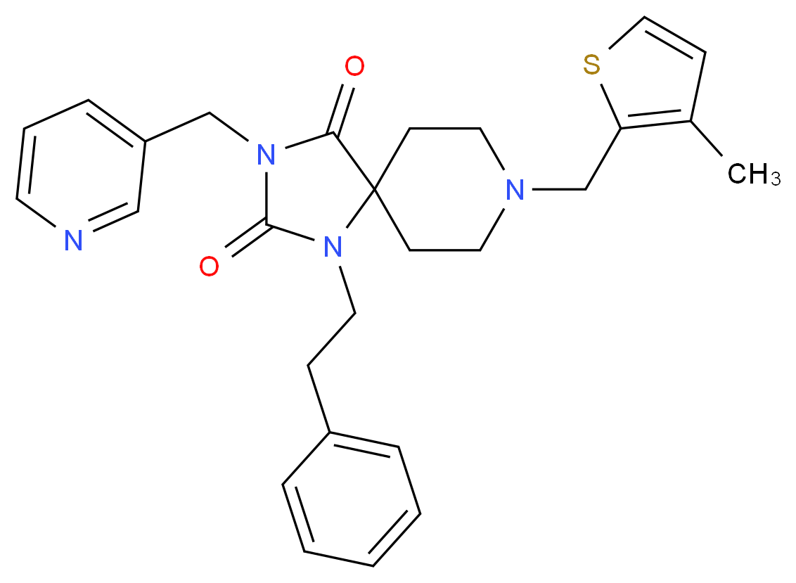 8-[(3-methyl-2-thienyl)methyl]-1-(2-phenylethyl)-3-(3-pyridinylmethyl)-1,3,8-triazaspiro[4.5]decane-2,4-dione_Molecular_structure_CAS_)