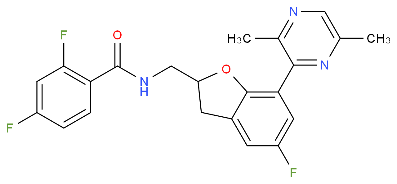 N-{[7-(3,6-dimethyl-2-pyrazinyl)-5-fluoro-2,3-dihydro-1-benzofuran-2-yl]methyl}-2,4-difluorobenzamide_Molecular_structure_CAS_)
