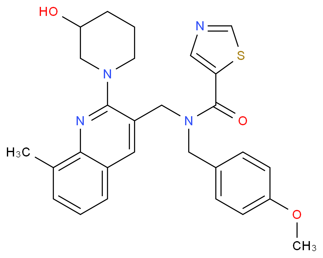 N-{[2-(3-hydroxy-1-piperidinyl)-8-methyl-3-quinolinyl]methyl}-N-(4-methoxybenzyl)-1,3-thiazole-5-carboxamide_Molecular_structure_CAS_)