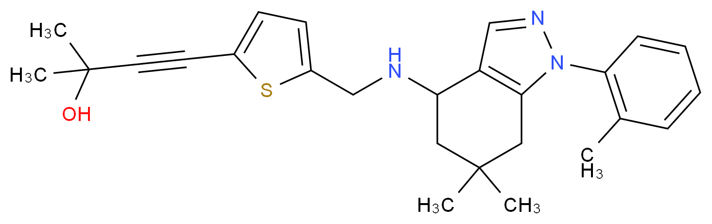 4-[5-({[6,6-dimethyl-1-(2-methylphenyl)-4,5,6,7-tetrahydro-1H-indazol-4-yl]amino}methyl)-2-thienyl]-2-methyl-3-butyn-2-ol_Molecular_structure_CAS_)