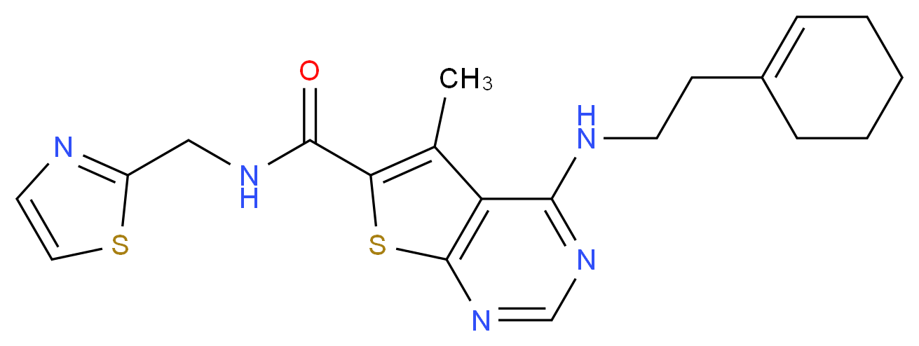 4-{[2-(1-cyclohexen-1-yl)ethyl]amino}-5-methyl-N-(1,3-thiazol-2-ylmethyl)thieno[2,3-d]pyrimidine-6-carboxamide_Molecular_structure_CAS_)