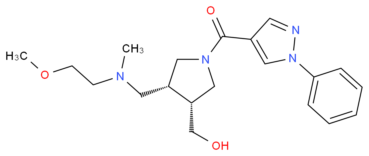 {(3R*,4R*)-4-{[(2-methoxyethyl)(methyl)amino]methyl}-1-[(1-phenyl-1H-pyrazol-4-yl)carbonyl]pyrrolidin-3-yl}methanol_Molecular_structure_CAS_)
