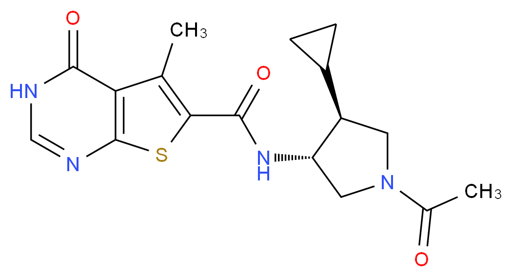 N-[(3R*,4S*)-1-acetyl-4-cyclopropylpyrrolidin-3-yl]-5-methyl-4-oxo-3,4-dihydrothieno[2,3-d]pyrimidine-6-carboxamide_Molecular_structure_CAS_)