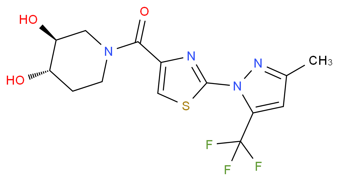 (3S*,4S*)-1-({2-[3-methyl-5-(trifluoromethyl)-1H-pyrazol-1-yl]-1,3-thiazol-4-yl}carbonyl)piperidine-3,4-diol_Molecular_structure_CAS_)