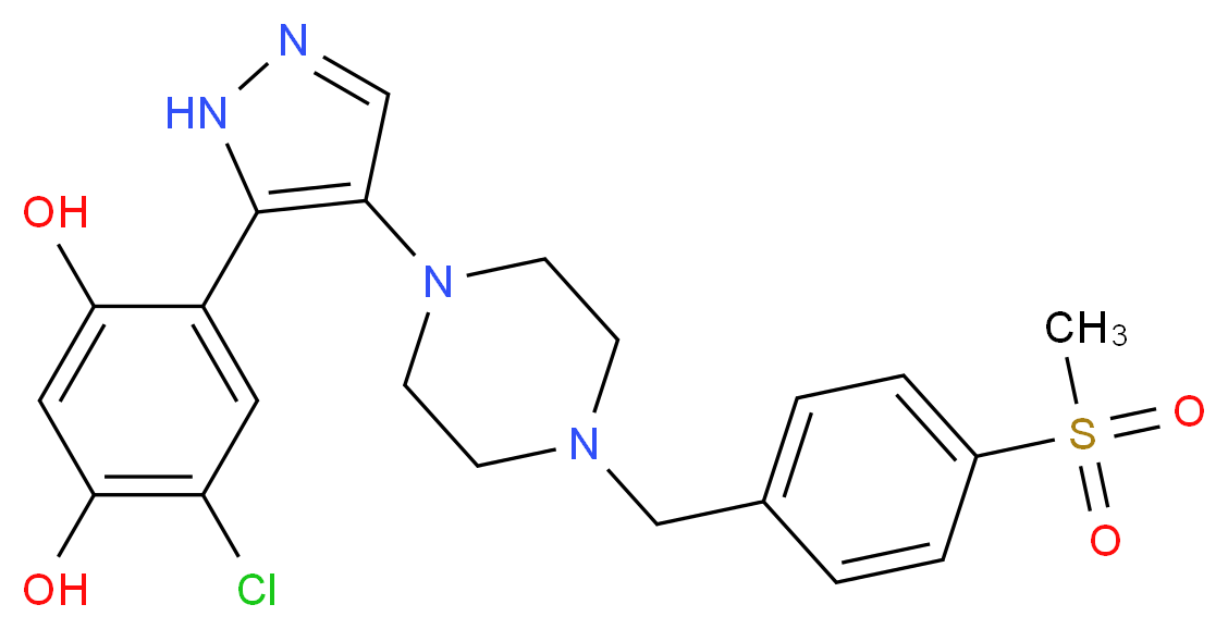 4-CHLORO-6-(4-{4-[4-(METHYLSULFONYL)BENZYL]PIPERAZIN-1-YL}-1H-PYRAZOL-5-YL)BENZENE-1,3-DIOL_Molecular_structure_CAS_)