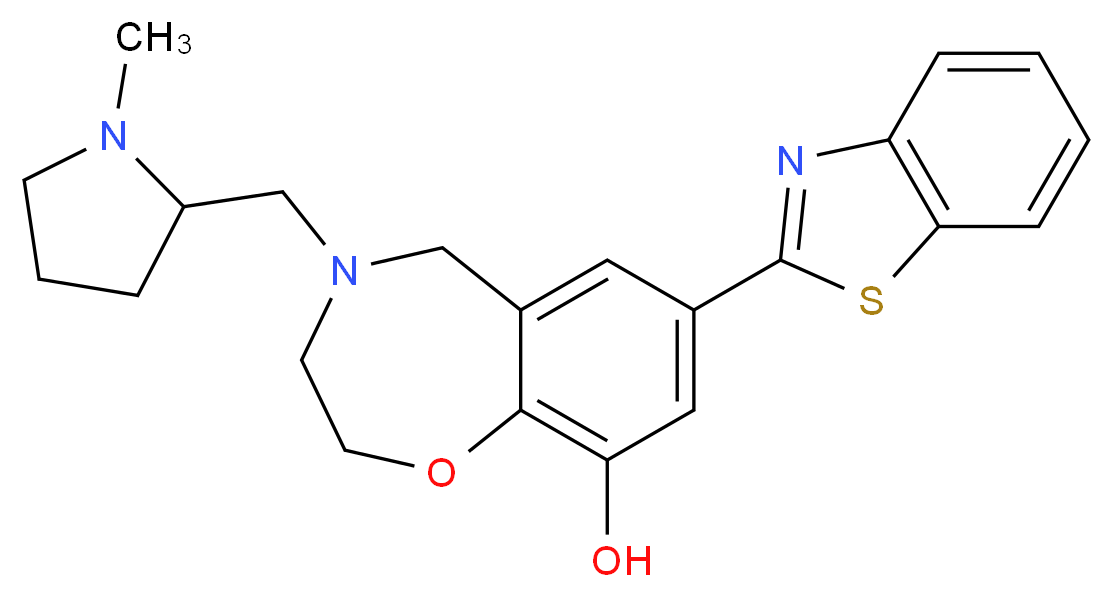 7-(1,3-benzothiazol-2-yl)-4-[(1-methylpyrrolidin-2-yl)methyl]-2,3,4,5-tetrahydro-1,4-benzoxazepin-9-ol_Molecular_structure_CAS_)