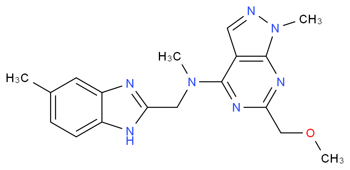 6-(methoxymethyl)-N,1-dimethyl-N-[(5-methyl-1H-benzimidazol-2-yl)methyl]-1H-pyrazolo[3,4-d]pyrimidin-4-amine_Molecular_structure_CAS_)