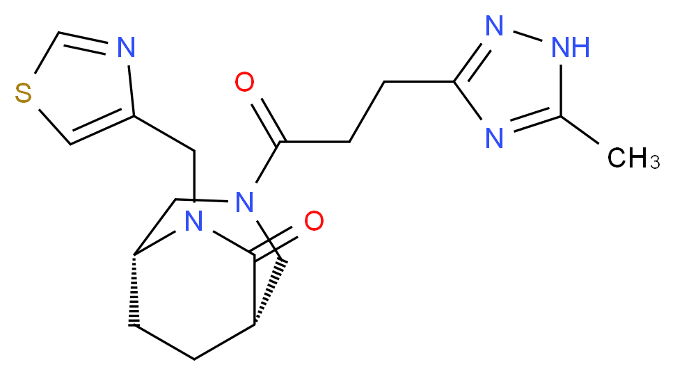 (1S*,5R*)-3-[3-(5-methyl-1H-1,2,4-triazol-3-yl)propanoyl]-6-(1,3-thiazol-4-ylmethyl)-3,6-diazabicyclo[3.2.2]nonan-7-one_Molecular_structure_CAS_)