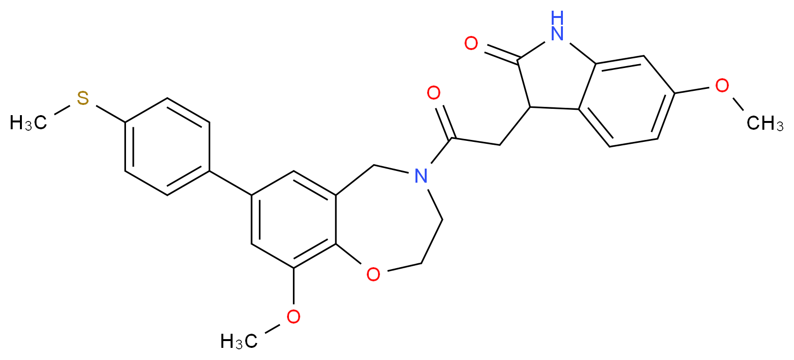 6-methoxy-3-{2-[9-methoxy-7-[4-(methylthio)phenyl]-2,3-dihydro-1,4-benzoxazepin-4(5H)-yl]-2-oxoethyl}-1,3-dihydro-2H-indol-2-one_Molecular_structure_CAS_)