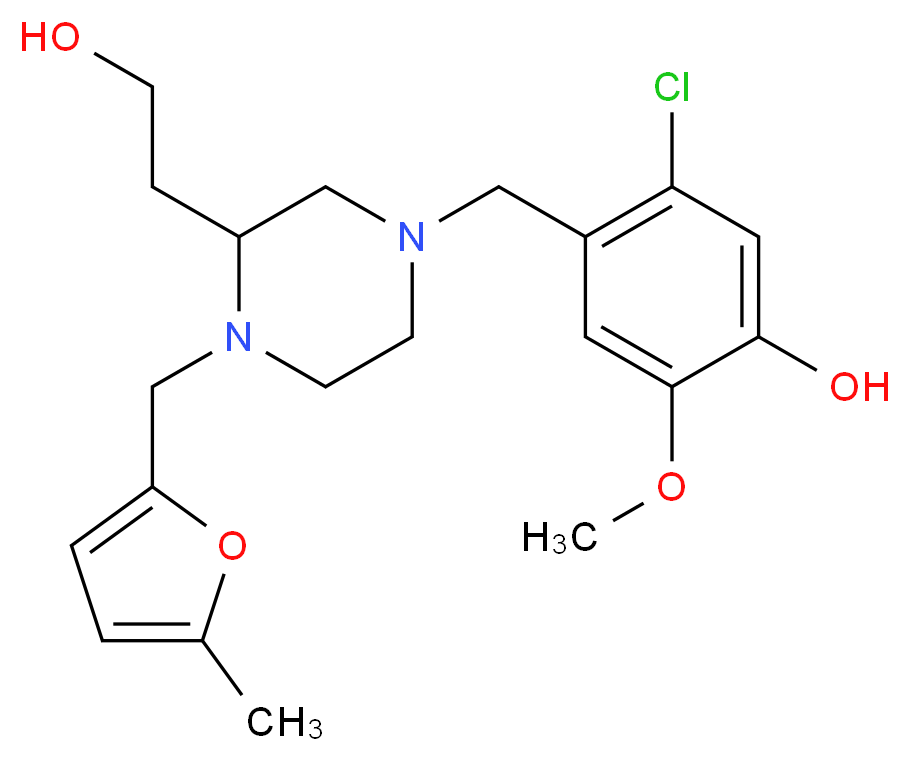 5-chloro-4-({3-(2-hydroxyethyl)-4-[(5-methyl-2-furyl)methyl]-1-piperazinyl}methyl)-2-methoxyphenol_Molecular_structure_CAS_)