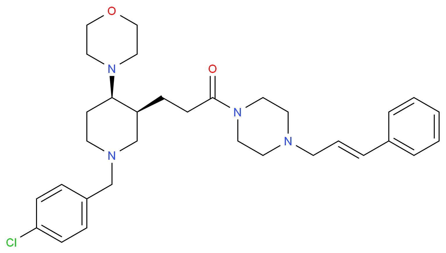 4-[(3S*,4R*)-1-(4-chlorobenzyl)-3-(3-oxo-3-{4-[(2E)-3-phenyl-2-propen-1-yl]-1-piperazinyl}propyl)-4-piperidinyl]morpholine_Molecular_structure_CAS_)
