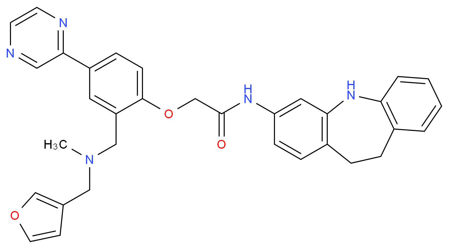 N-(10,11-dihydro-5H-dibenzo[b,f]azepin-3-yl)-2-[2-{[(3-furylmethyl)(methyl)amino]methyl}-4-(2-pyrazinyl)phenoxy]acetamide_Molecular_structure_CAS_)