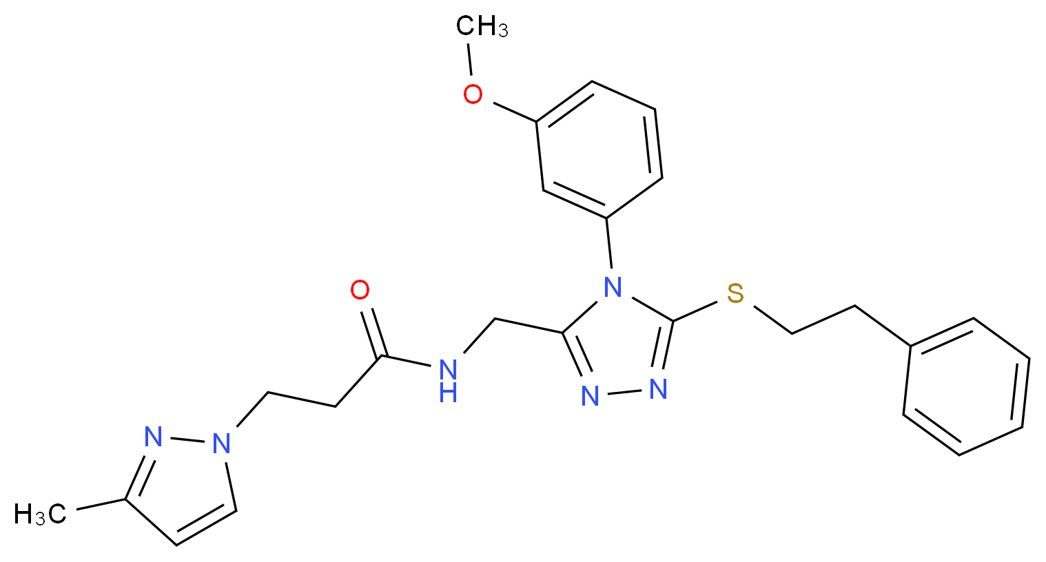 N-({4-(3-methoxyphenyl)-5-[(2-phenylethyl)thio]-4H-1,2,4-triazol-3-yl}methyl)-3-(3-methyl-1H-pyrazol-1-yl)propanamide_Molecular_structure_CAS_)