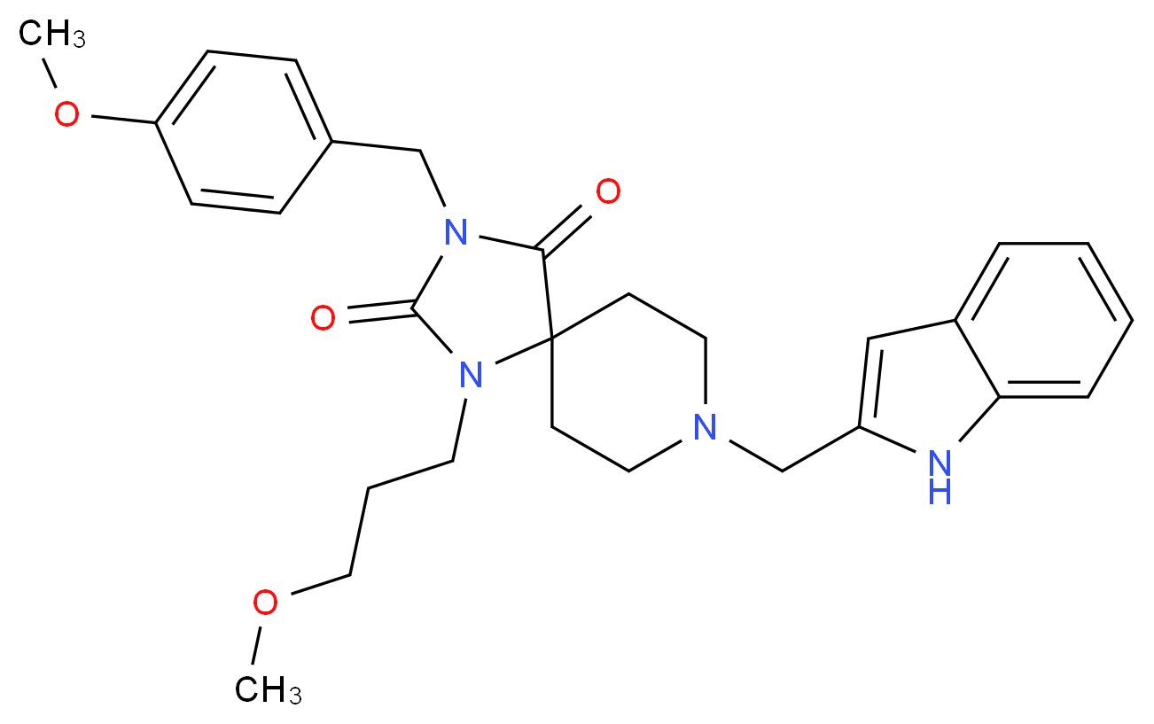 8-(1H-indol-2-ylmethyl)-3-(4-methoxybenzyl)-1-(3-methoxypropyl)-1,3,8-triazaspiro[4.5]decane-2,4-dione_Molecular_structure_CAS_)