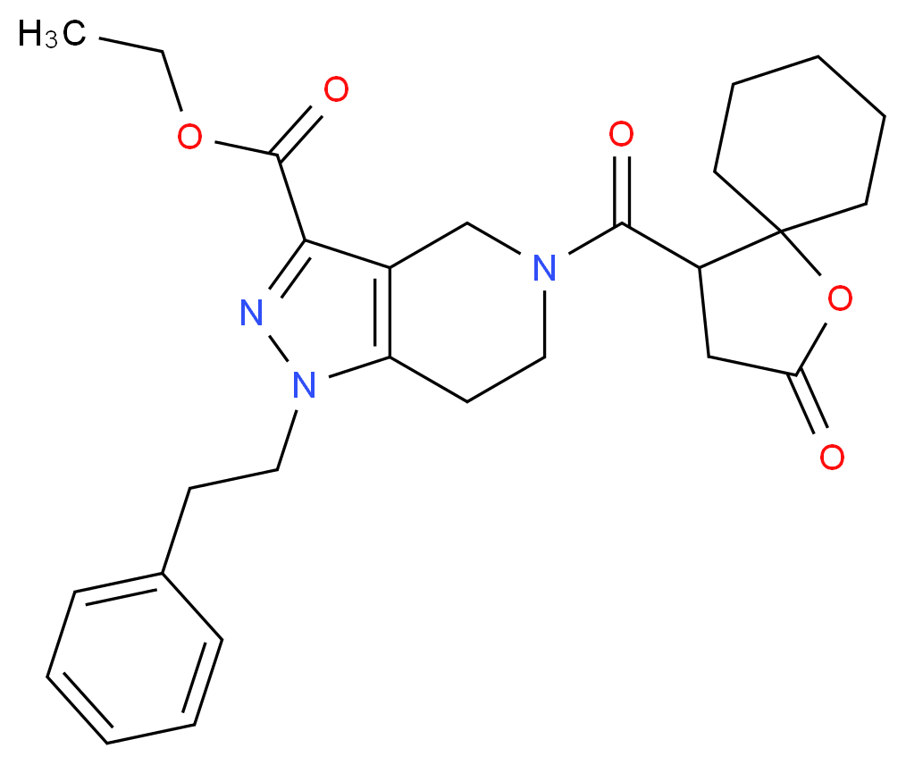 ethyl 5-[(2-oxo-1-oxaspiro[4.5]dec-4-yl)carbonyl]-1-(2-phenylethyl)-4,5,6,7-tetrahydro-1H-pyrazolo[4,3-c]pyridine-3-carboxylate_Molecular_structure_CAS_)