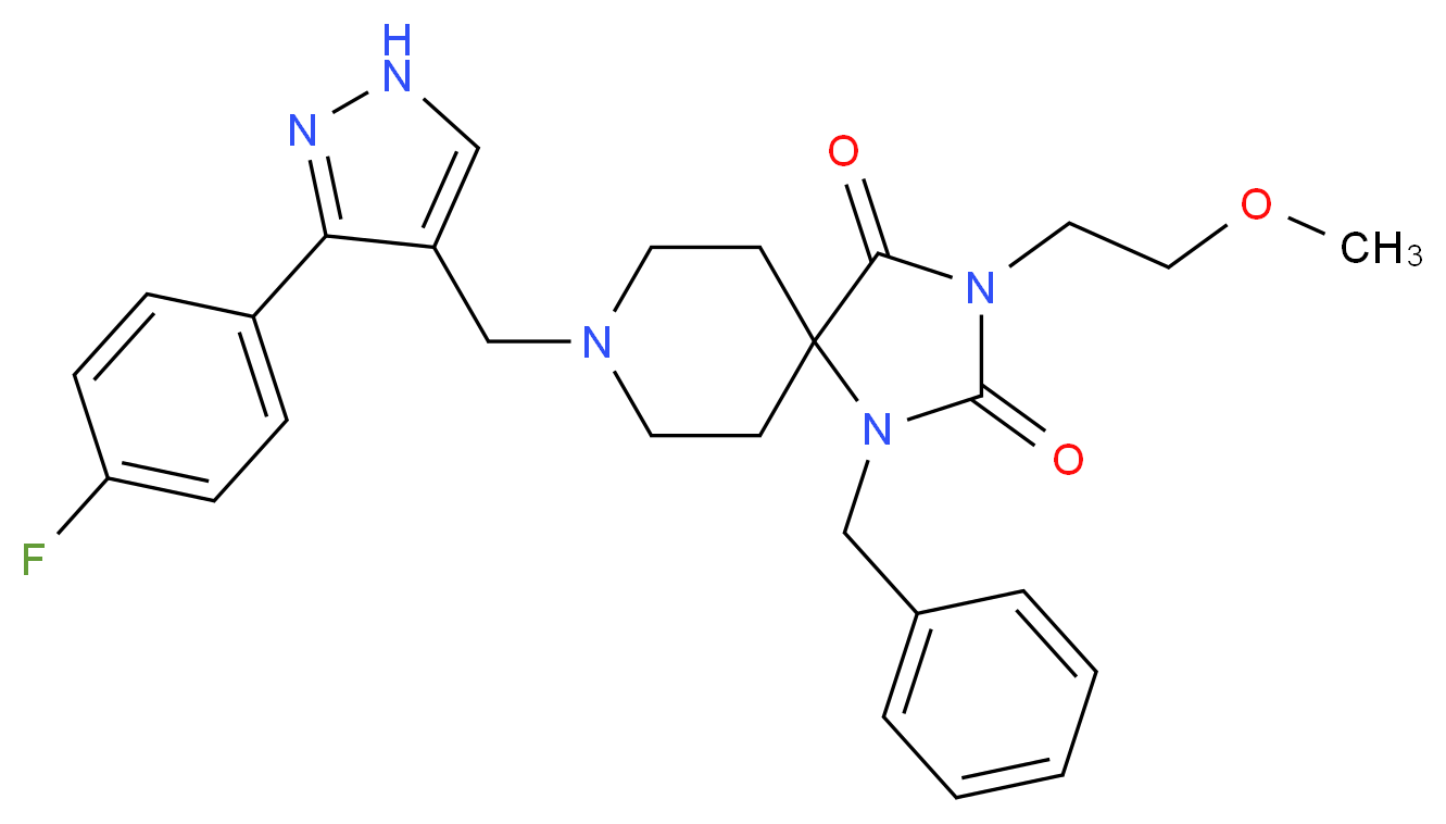 1-benzyl-8-{[3-(4-fluorophenyl)-1H-pyrazol-4-yl]methyl}-3-(2-methoxyethyl)-1,3,8-triazaspiro[4.5]decane-2,4-dione_Molecular_structure_CAS_)