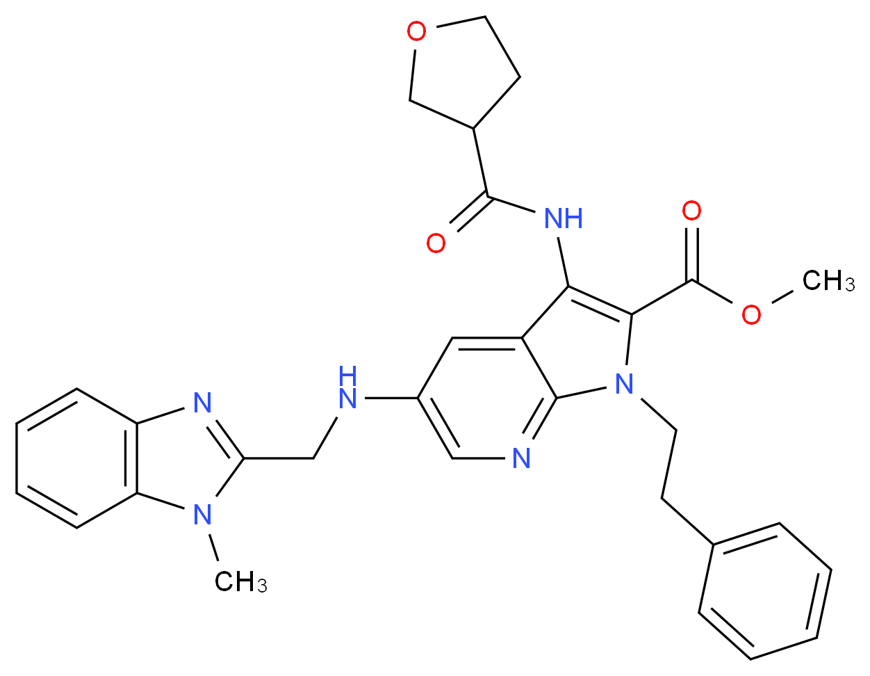 methyl 5-{[(1-methyl-1H-benzimidazol-2-yl)methyl]amino}-1-(2-phenylethyl)-3-[(tetrahydro-3-furanylcarbonyl)amino]-1H-pyrrolo[2,3-b]pyridine-2-carboxylate_Molecular_structure_CAS_)