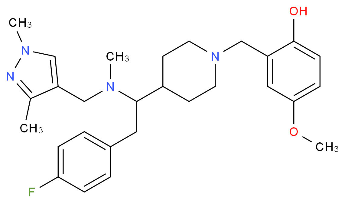 2-({4-[1-[[(1,3-dimethyl-1H-pyrazol-4-yl)methyl](methyl)amino]-2-(4-fluorophenyl)ethyl]-1-piperidinyl}methyl)-4-methoxyphenol_Molecular_structure_CAS_)
