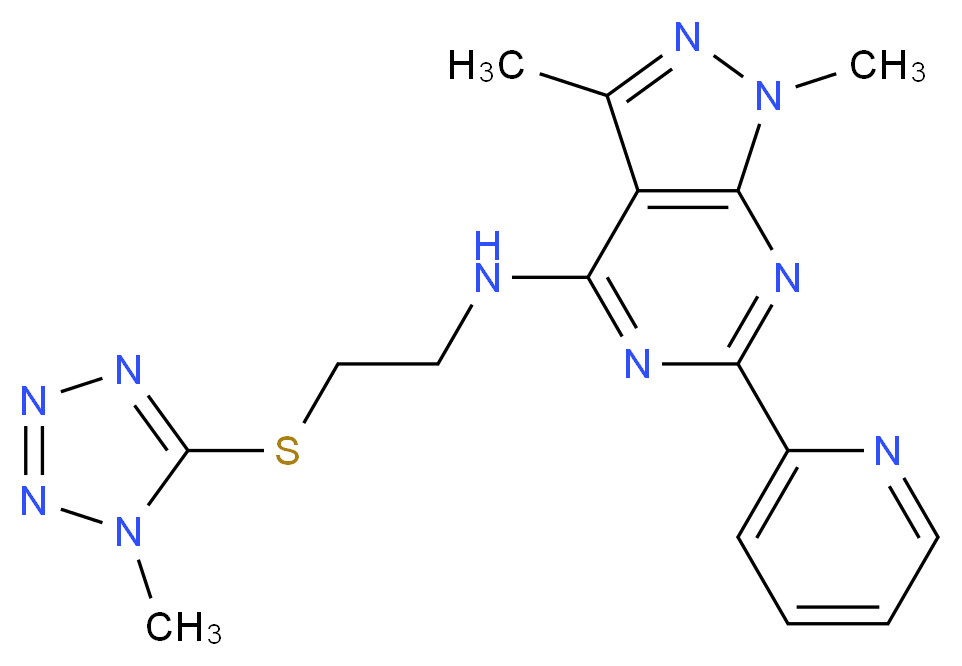 1,3-dimethyl-N-{2-[(1-methyl-1H-tetrazol-5-yl)thio]ethyl}-6-(2-pyridinyl)-1H-pyrazolo[3,4-d]pyrimidin-4-amine_Molecular_structure_CAS_)
