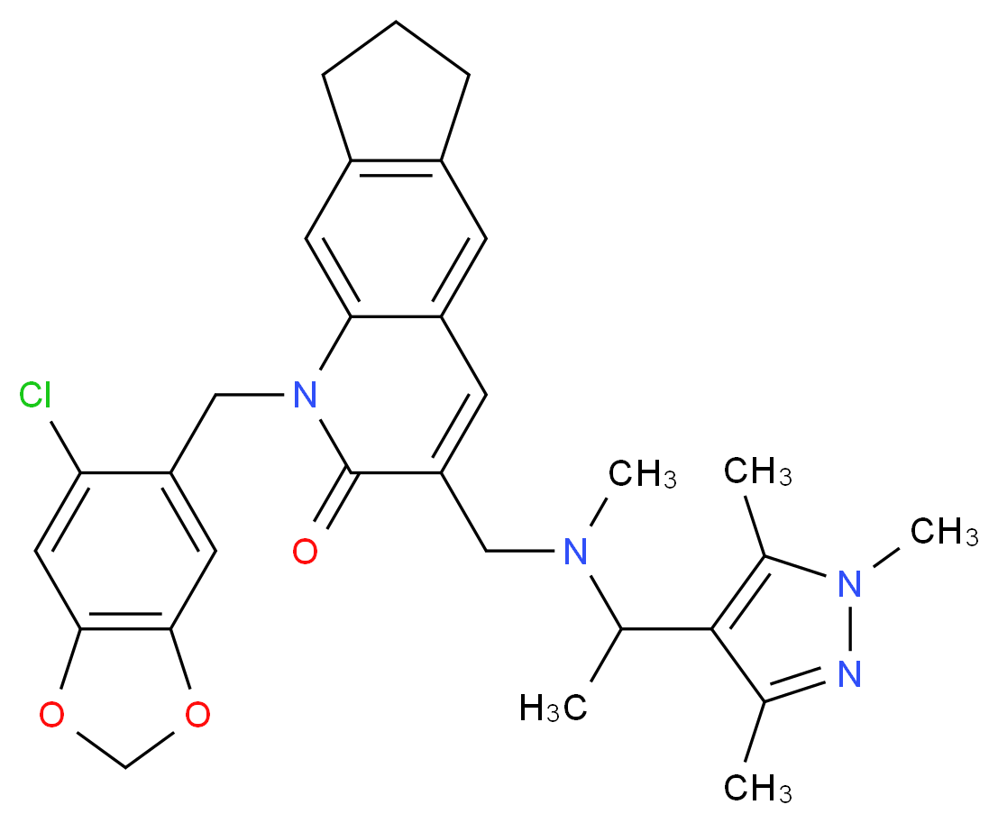 1-[(6-chloro-1,3-benzodioxol-5-yl)methyl]-3-({methyl[1-(1,3,5-trimethyl-1H-pyrazol-4-yl)ethyl]amino}methyl)-1,6,7,8-tetrahydro-2H-cyclopenta[g]quinolin-2-one_Molecular_structure_CAS_)
