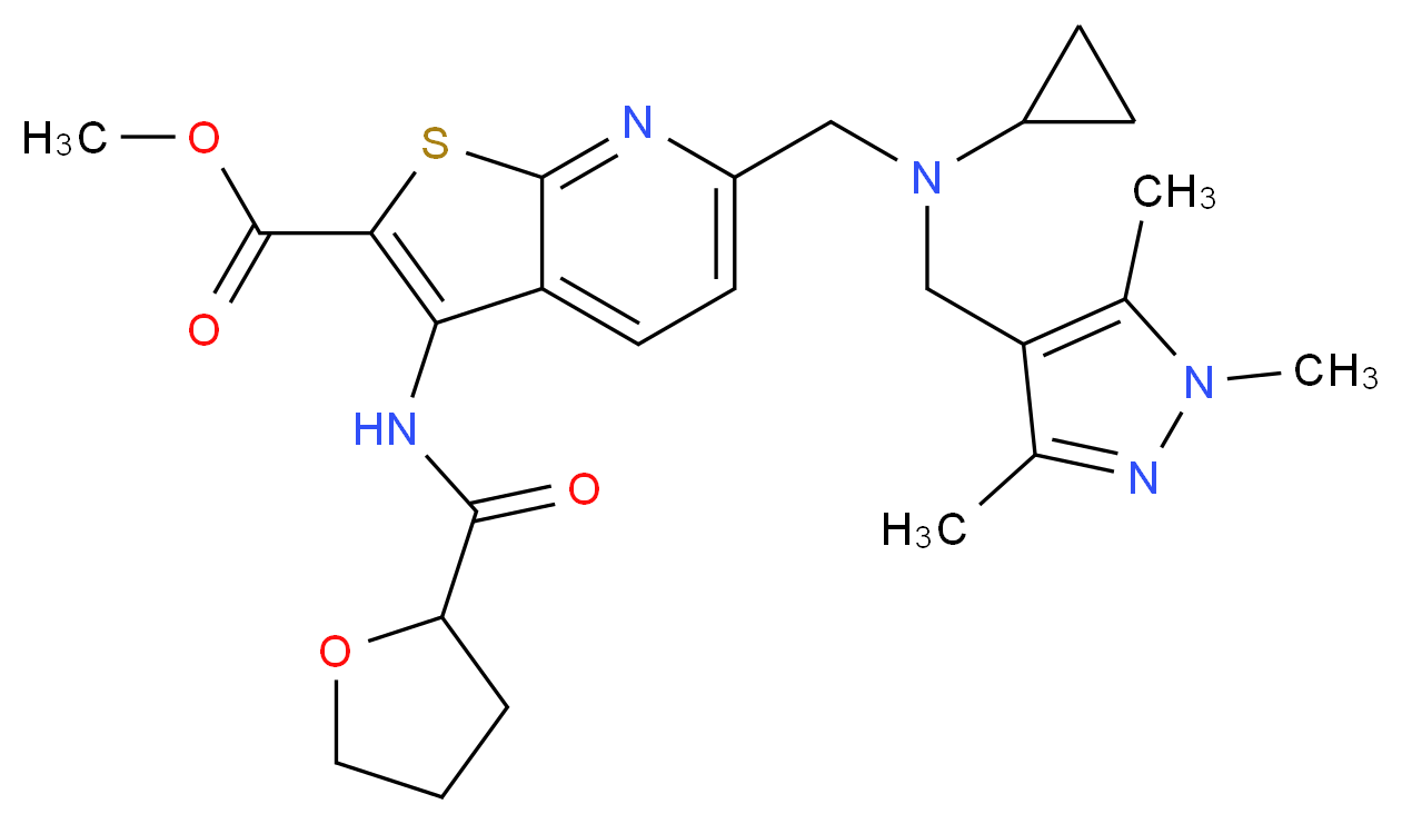 methyl 6-({cyclopropyl[(1,3,5-trimethyl-1H-pyrazol-4-yl)methyl]amino}methyl)-3-[(tetrahydro-2-furanylcarbonyl)amino]thieno[2,3-b]pyridine-2-carboxylate_Molecular_structure_CAS_)